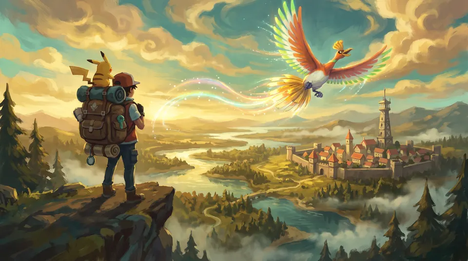 Arte do Pokestone com um treinador, Pikachu e Ho-Oh sobre um mundo de aventuras